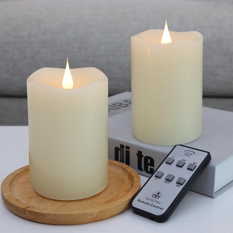 TECHLONG Flameless Candles Battery Operated with Remote Timer, 3D Moving Flame Flickering, Last 600+ Hours Battery Candles, 3" x 5" Ivory Real Wax Electric LED Candle for Wedding Party, Set of 2 - Image 1